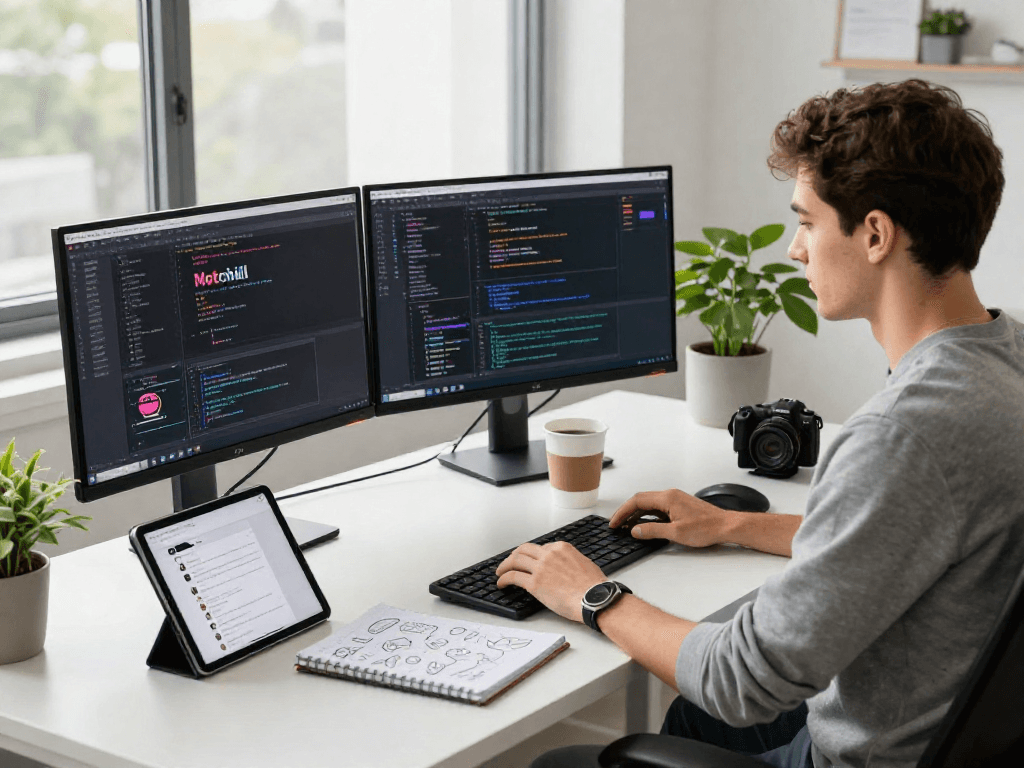 Motchill software development workspace with vibrant coding screens and a focused professional.