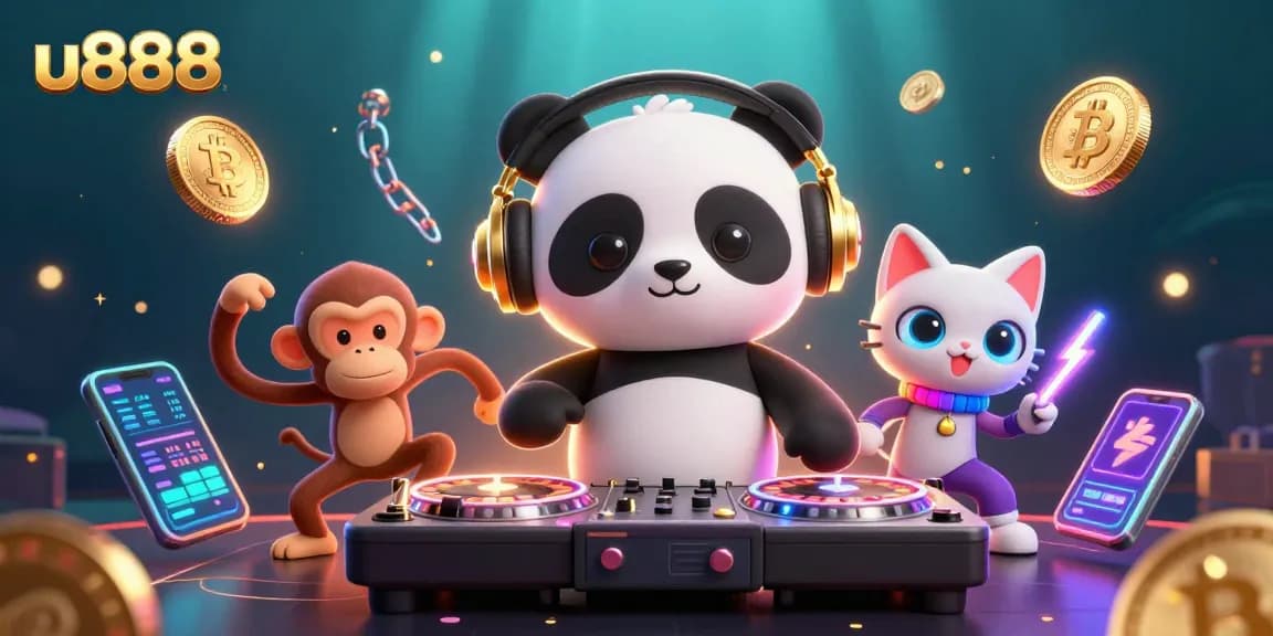 Engaging u888 scene featuring a DJ panda, dancing monkey, and kitten in a lively casino atmosphere