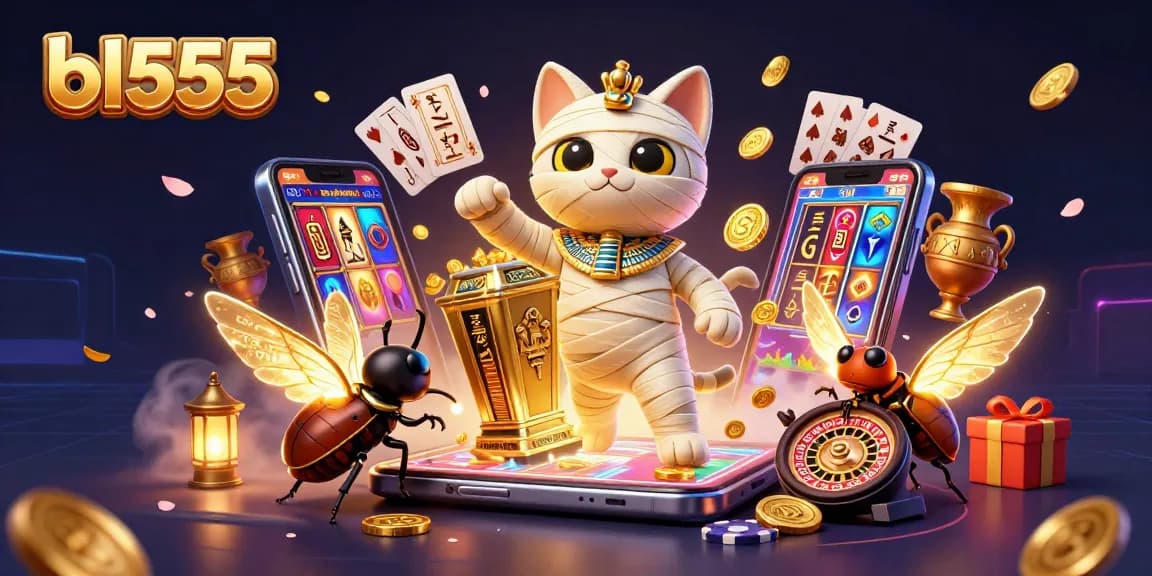 Experience bl555's vibrant gaming atmosphere with an Egyptian mummy cat and exciting slot games filling the scene.