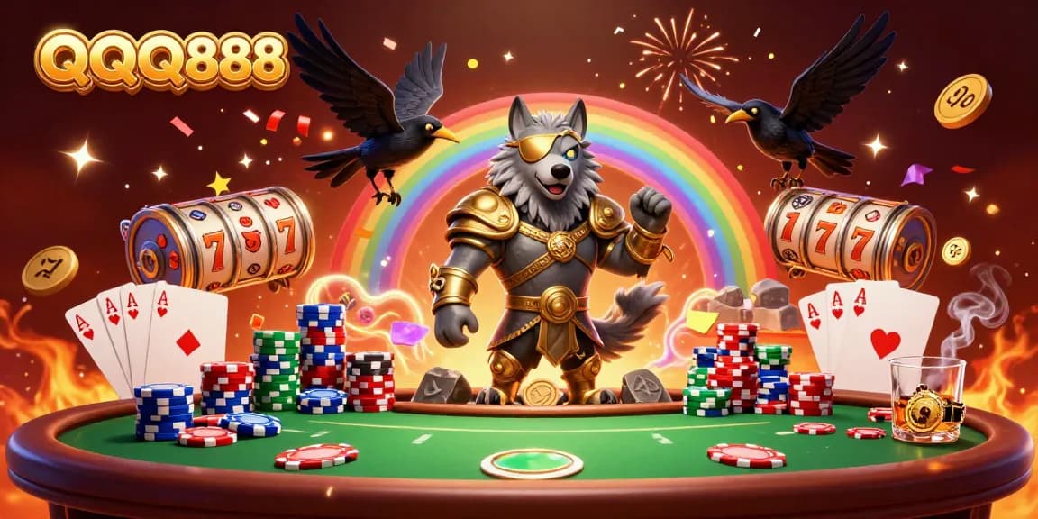 Experience excitement with QQQ888 through a vibrant 3D casino illustration featuring Norse mythology elements.