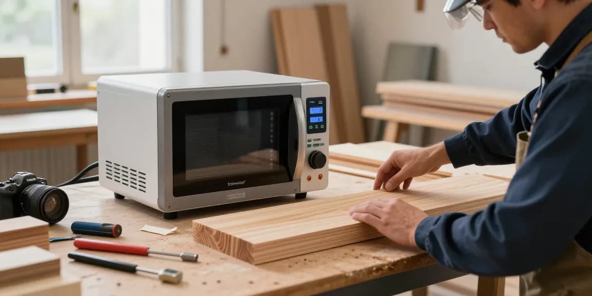 Shashel microwave device being operated for effective woodworm elimination in modern workshop.