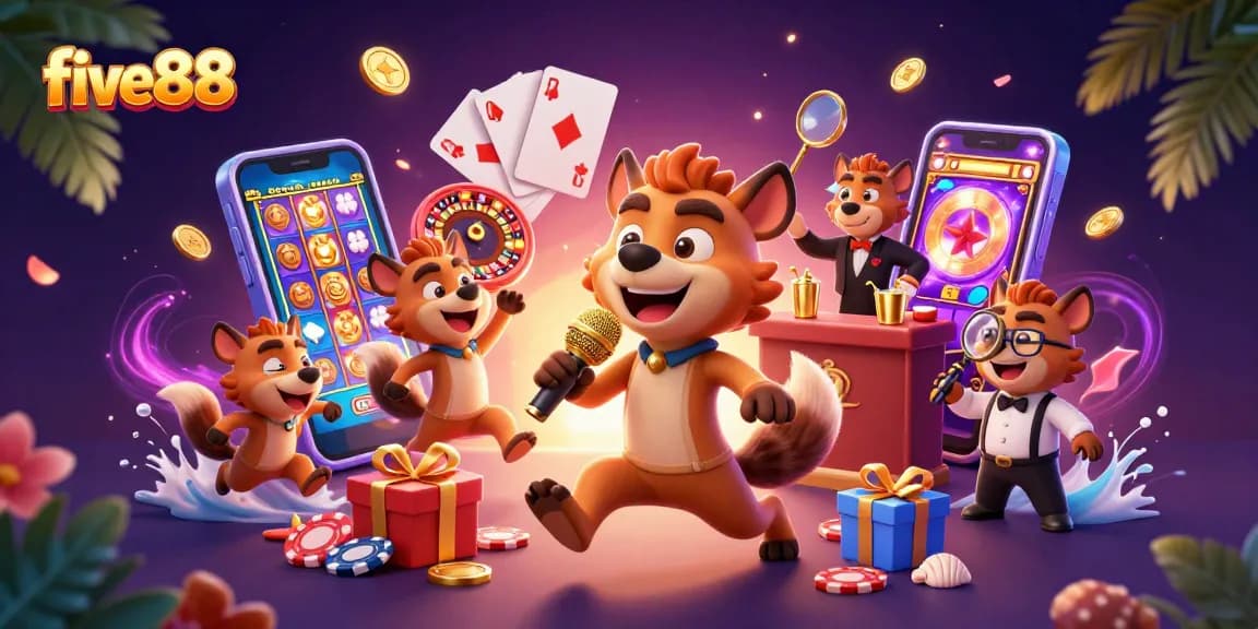 Enjoy the vibrant five88 casino experience with hyenas as entertainers amidst colorful gaming elements.
