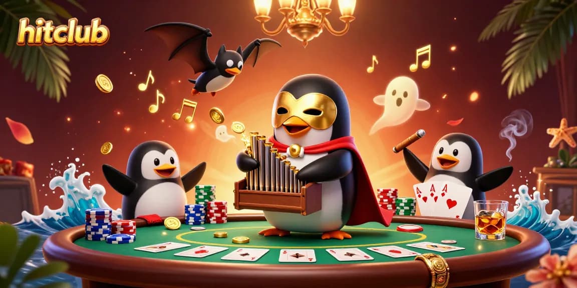 Hitclub penguin plays organ shooting coins amidst vibrant poker scene, inviting gamers.