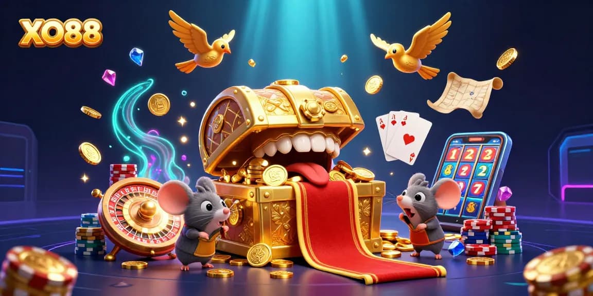 Experience the thrill of XO88 with cascading coins and a dynamic casino scene featuring vibrant game elements.