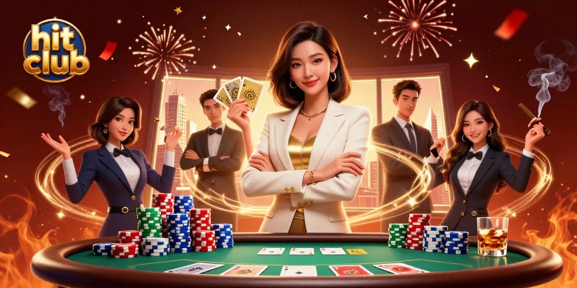 Engaging scene showcasing hit club action, featuring a glamorous Asian woman with cards amidst vibrant casino elements.