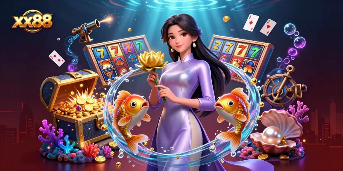 Experience the exciting world of xx88 casino with vibrant slot reels and dynamic gaming elements in a stunning scene.