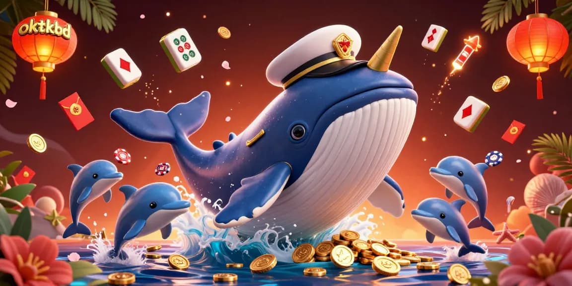 Experience the energy of oktkbd with playful dolphins and a whale in a vibrant casino scene.