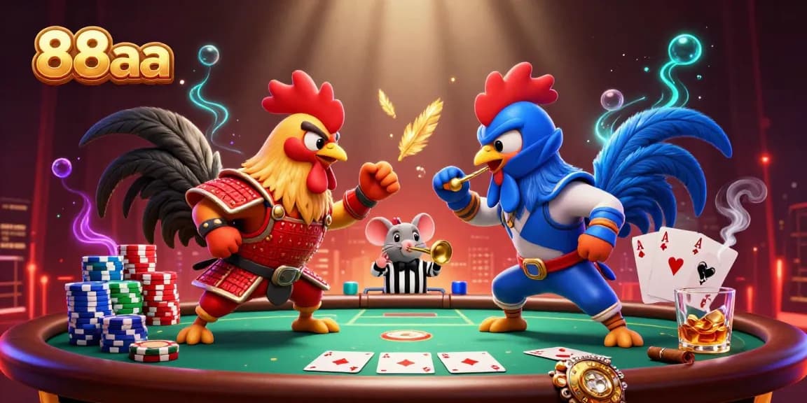 Engage in intense gameplay at 88aa with fighting roosters in dramatic poker showdown.