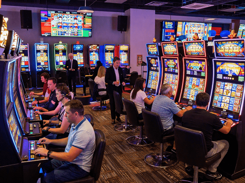 Thrilling casino scene with players celebrating slot jackpot wins amidst colorful machines and lively atmosphere.