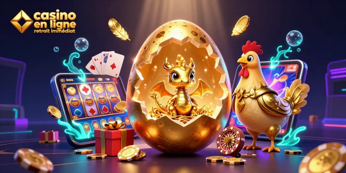 Découvrez des opportunités passionnantes au casino en ligne retrait immédiat avec un dragon doré et des éléments de jeu.