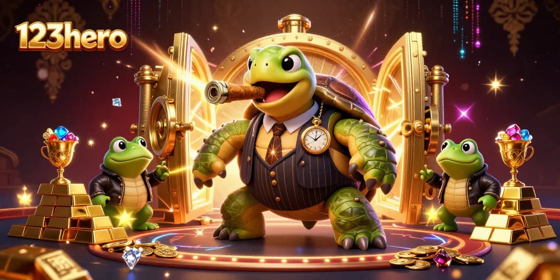 Experience thrilling gaming at 123hero with a vibrant casino scene featuring buzzing characters and wealth elements.