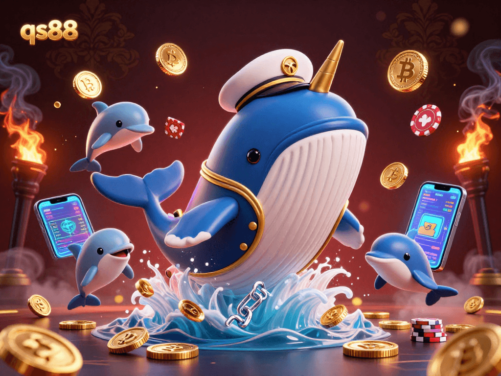 Engage in thrilling gaming adventures at qs88 with a vibrant 3D casino illustration featuring a whale and playful dolphins.