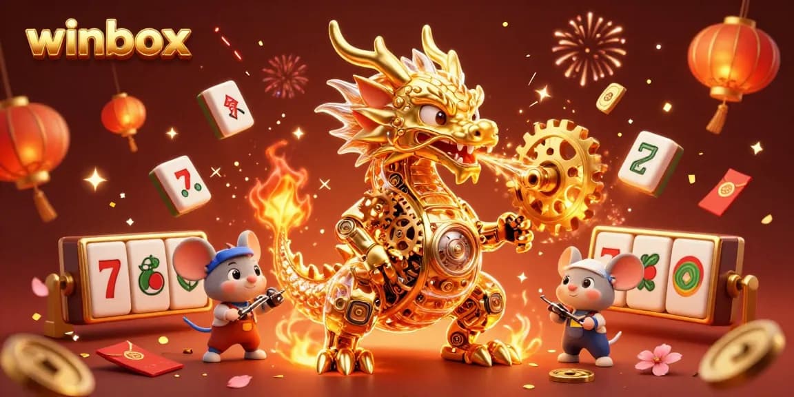 Experience the vibrant world of winbox with a golden dragon and festive gaming elements in a casino setting.