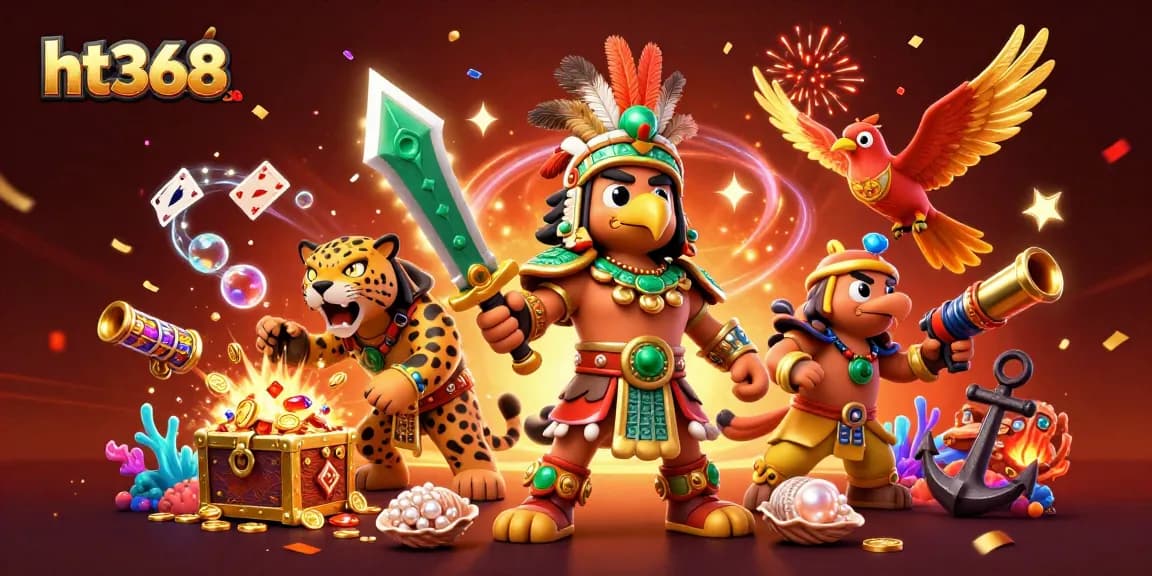 Engage in vibrant gambling fun with ht368's dynamic casino scene featuring slot reels and Aztec warriors.
