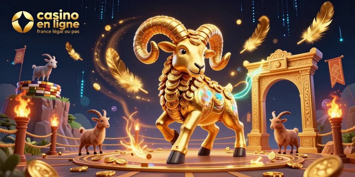 Visualisez un casino en ligne en France légal ou pas avec un impressionnant bélier doré, encadré par des pièces d'or et des éléments de jeu.