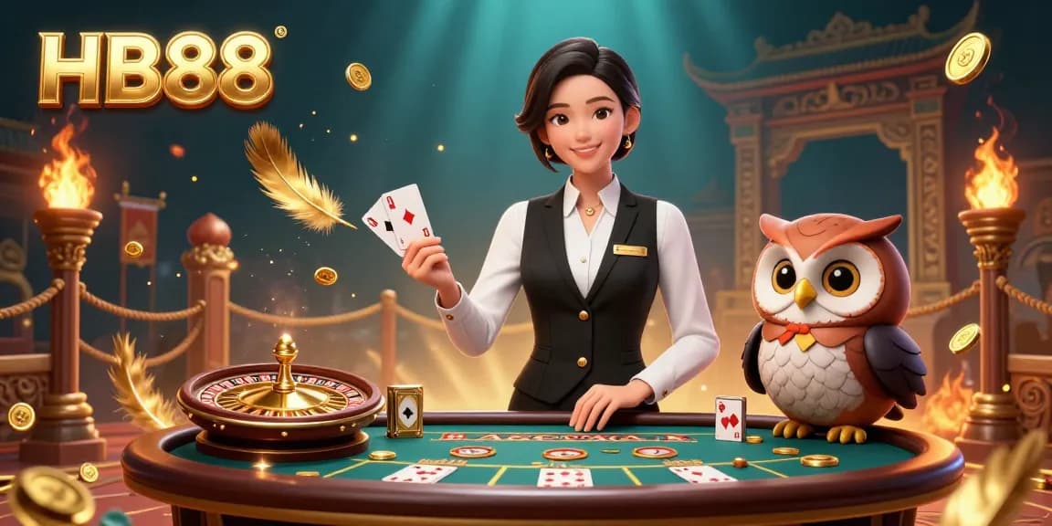 Experience the excitement of HB88 with a professional dealer at a baccarat table, surrounded by gambling elements.