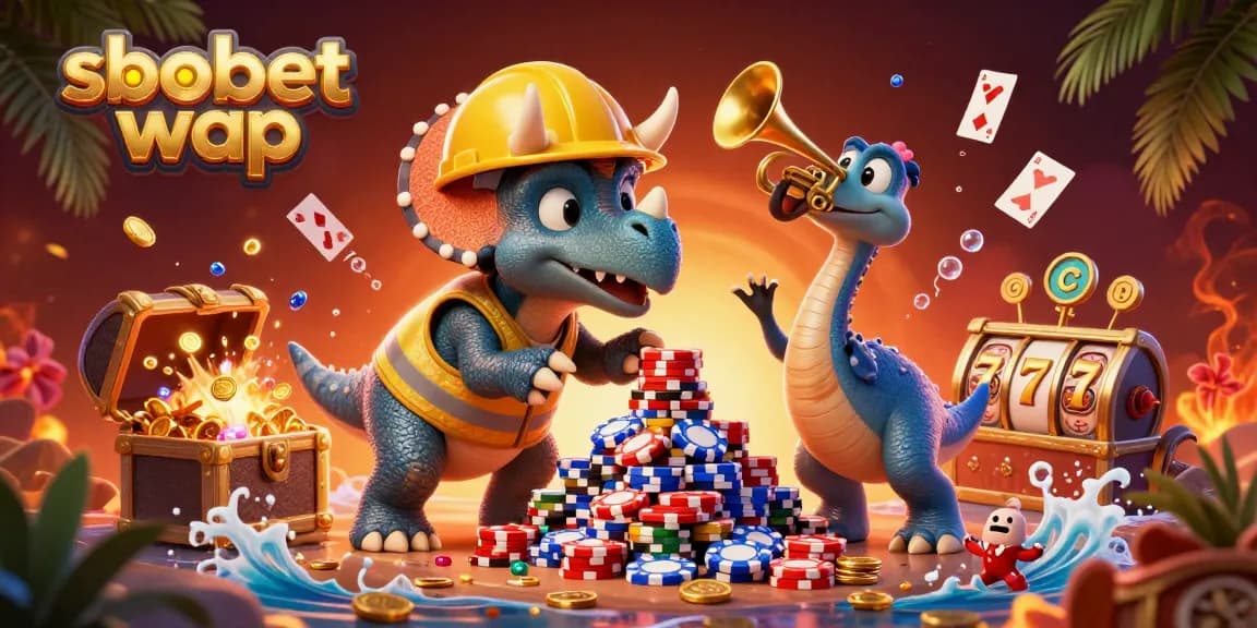 Experience sbobet wap excitement with vibrant casino-themed 3D illustration filled with dynamic gaming elements.