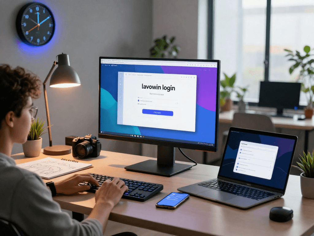 User engaging with lavowin login in a modern workspace featuring stylish tech elements.