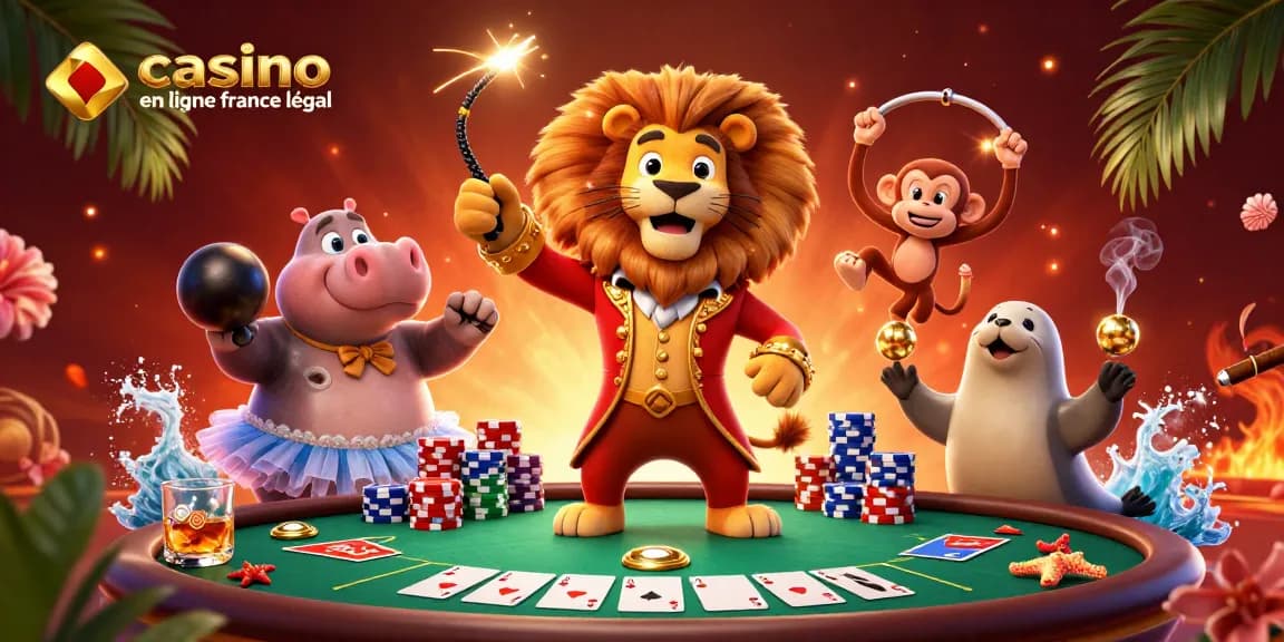 Plongez dans l'univers des jeux avec casino en ligne france légal, illustré par un lion magicien et des animaux colorés.