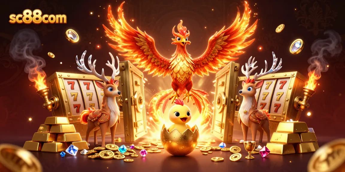 Engage with sc88com's vibrant gaming experience featuring a fire phoenix and rich casino elements.