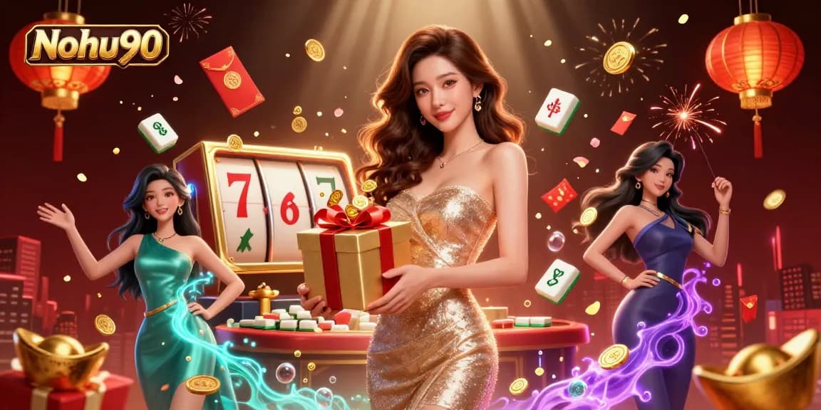 Nohu90 players enjoy vibrant slot action with golden coins and festive decor.