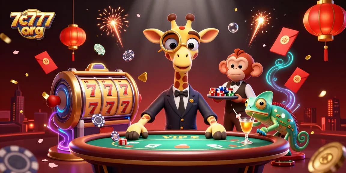 Gamble with style at 7c777 org featuring a high-roller giraffe at a vibrant poker table.