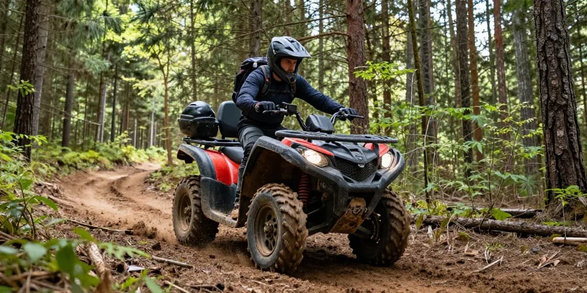 Rugged ATV for sale USA traversing forest trails, showcasing adventure and off-road capability.
