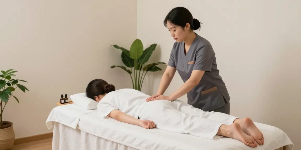 Relaxing 관악구출장마사지 session with a Korean therapist in a serene home environment, focusing on client comfort and personalized care.