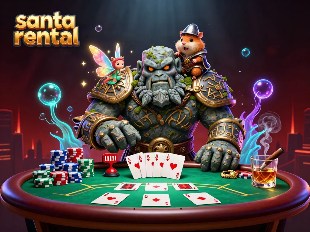 Experience the magic of a santa rental with festive poker elements and vibrant characters.