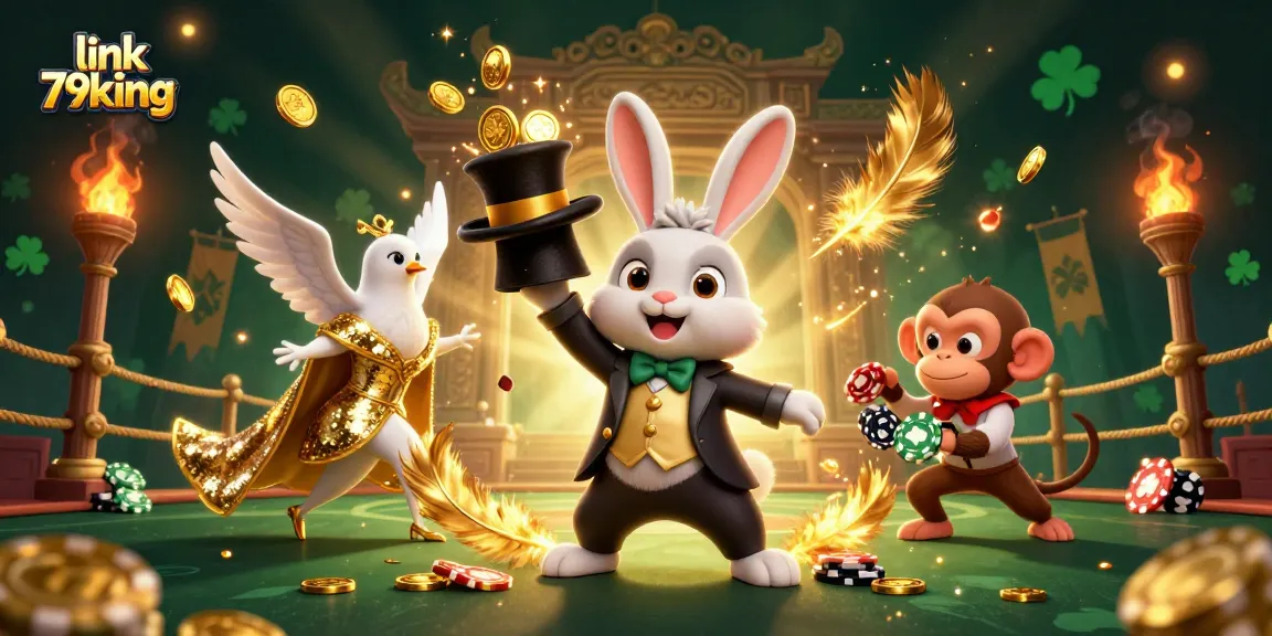Engage with link 79king as the magician rabbit conjures golden coins amidst a vibrant casino scene.