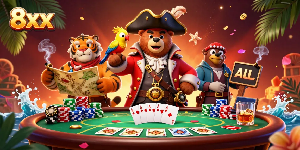 Immerse yourself in the thrilling 8xx poker adventure featuring pirate characters and vibrant casino elements.