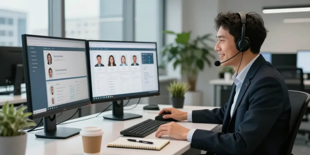 Engaging live chat customer support representative in modern office.
