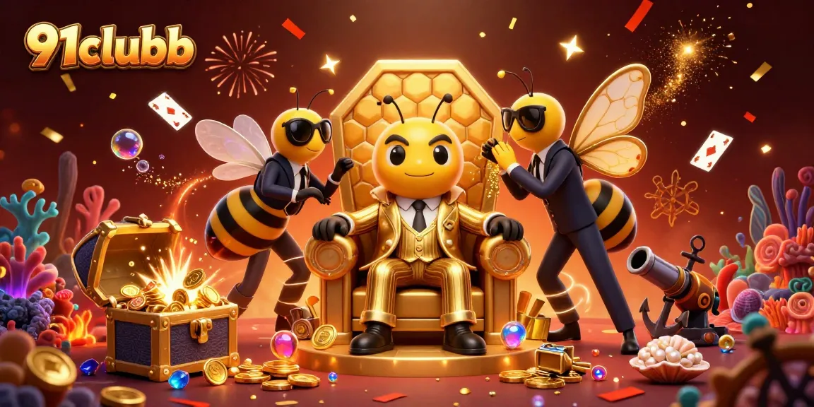 Engage with 91clubb's vibrant gaming scene illustrated by a 3D cartoon bumblebee mob boss in an exciting casino atmosphere.