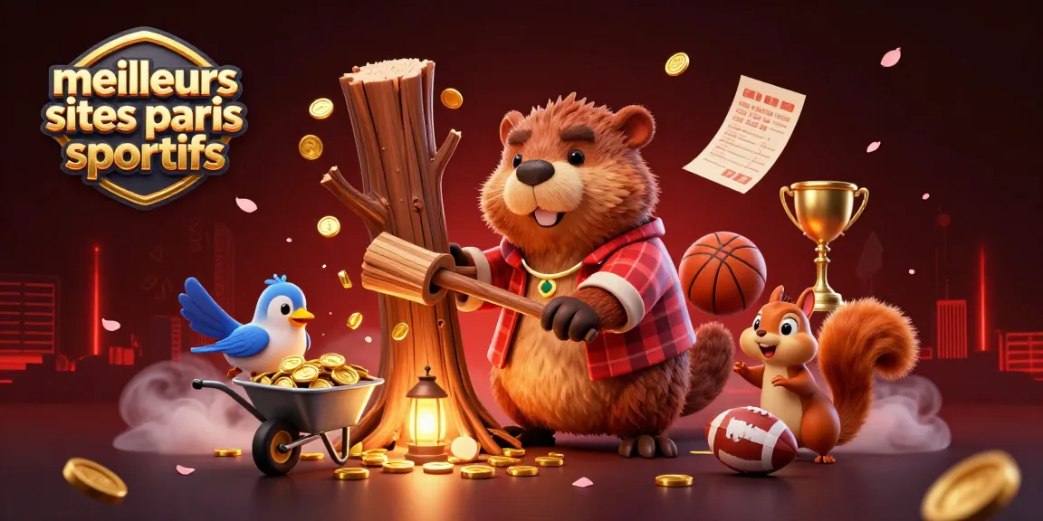 Pariez sur les meilleurs sites de paris sportifs avec une scène captivante de personnages animés, des trophées et des ballons de sport.