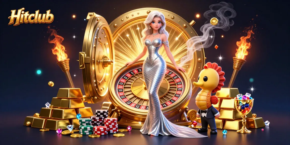 Hitclub brings excitement with a glamorous scene of a woman by a golden roulette wheel and treasure.
