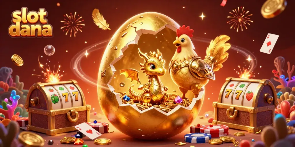 Visualisasi slot dana yang menarik dengan naga emas dan chip poker.