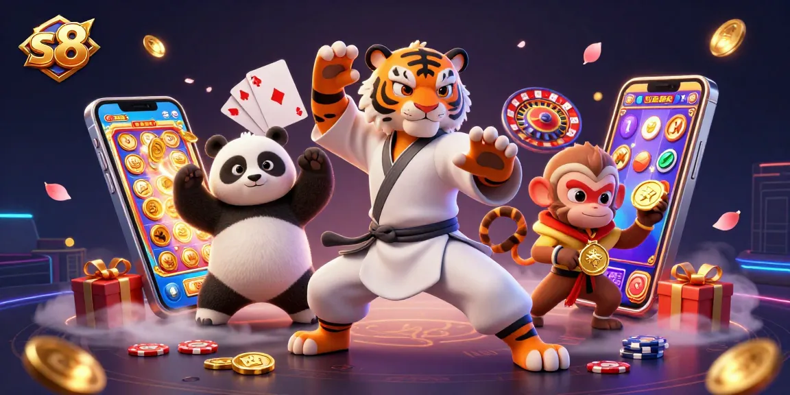 S8's engaging cartoon scene of kung fu characters at a vibrant casino with slot games and gold coins.