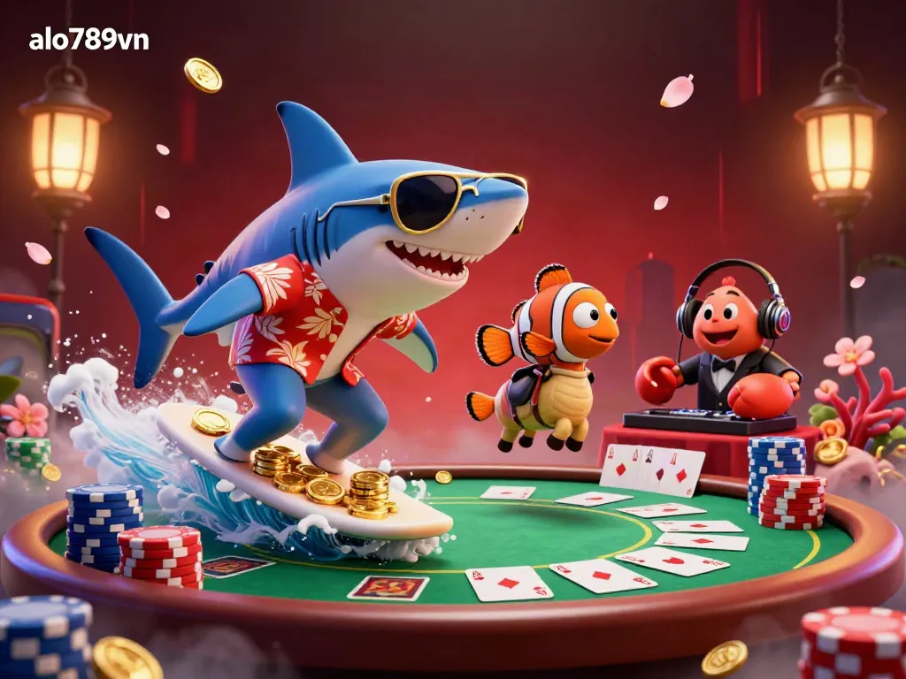 The 3D illustration shows the alo789vn brand with a hammer-head shark surfing gold coins and a crab DJ for an engaging online casino scene.