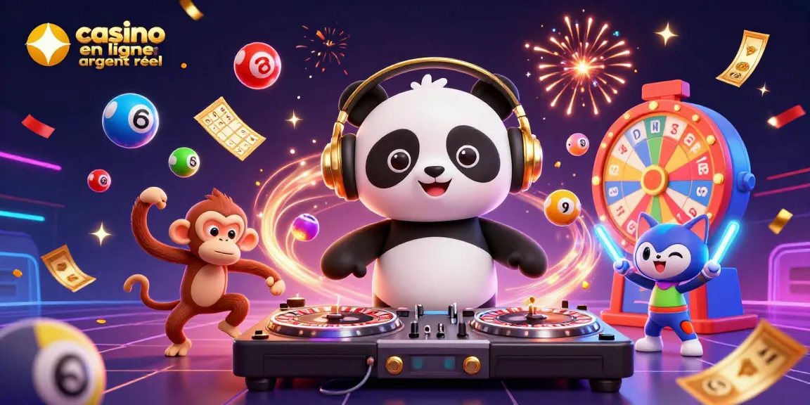 Animations colorées sur casino en ligne argent réel avec un panda DJ et un chat dansant