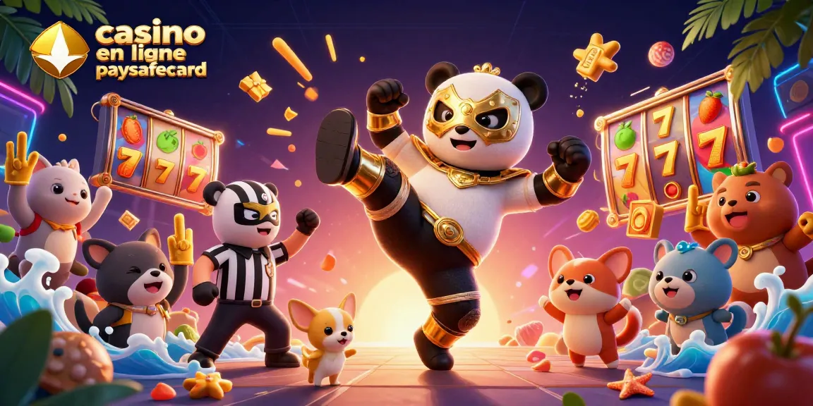 Jouez au casino en ligne paysafecard avec des symboles de jackpot et un panda lutteur en action.