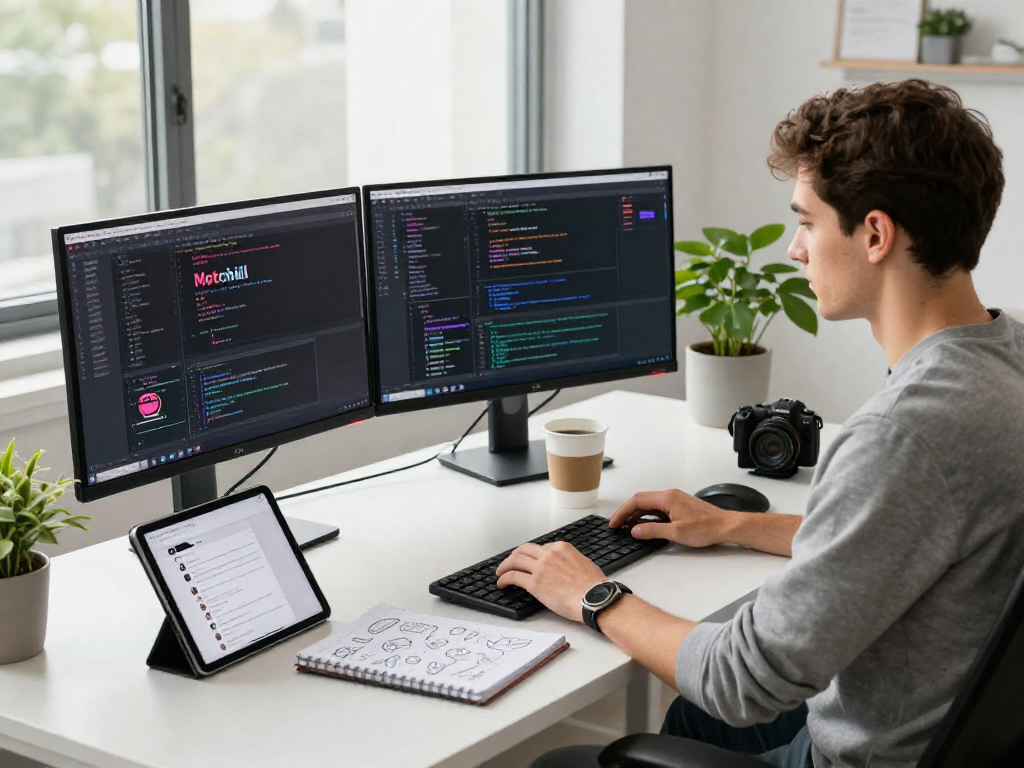 Motchill software development workspace with vibrant coding screens and a focused professional.