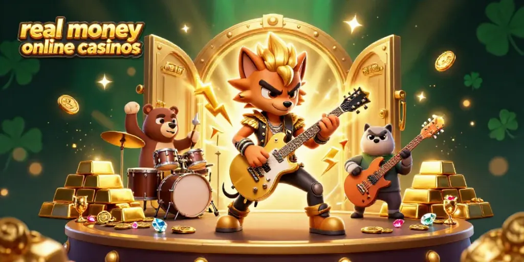 Experience the thrill of real money online casinos with a vibrant 3D casino illustration featuring engaging characters and treasures.