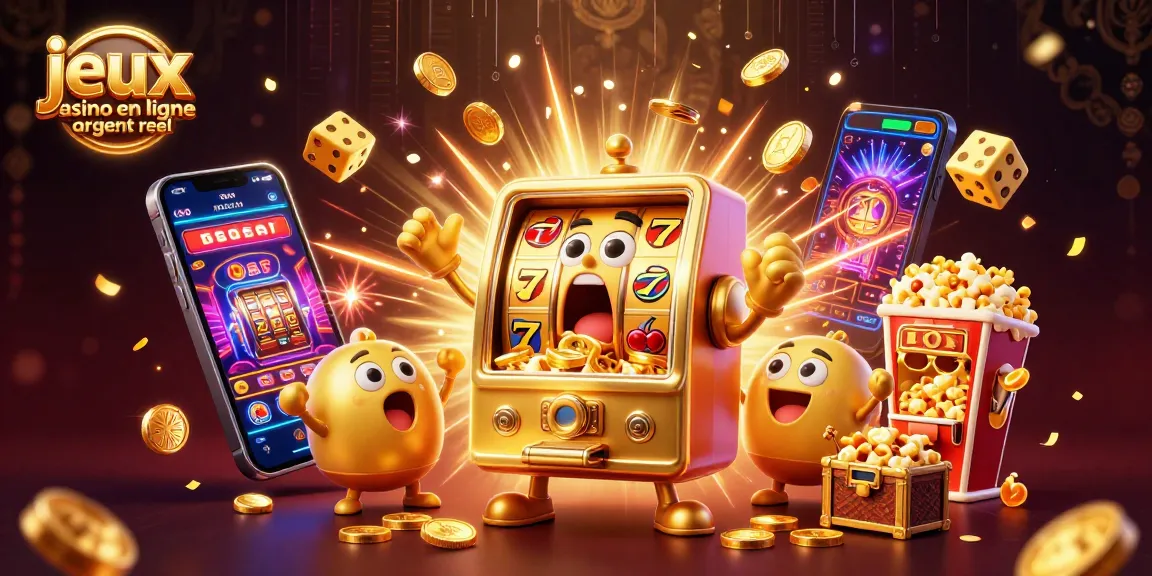 Les jeux casino en ligne argent réel s'animent avec des machines à sous dorées gagnantes et des pièces qui tombent.