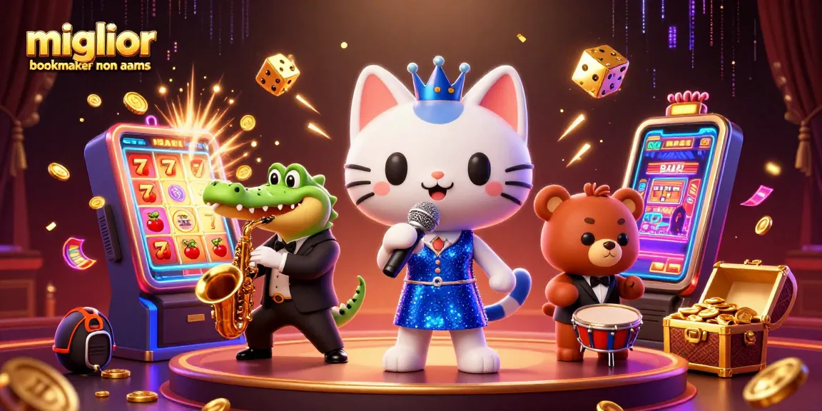 Illustrazione di miglior bookmaker non aams con personaggi animati in scena, slot machine esplodente e atmosfera festiva.