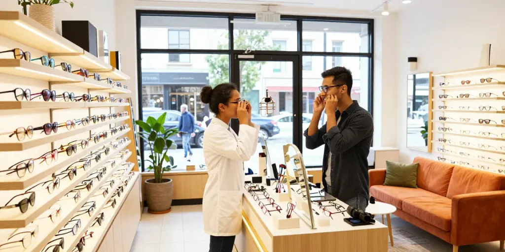Ótica Avaré: Cliente experimentando óculos com a ajuda de um optometrista em loja bem iluminada.