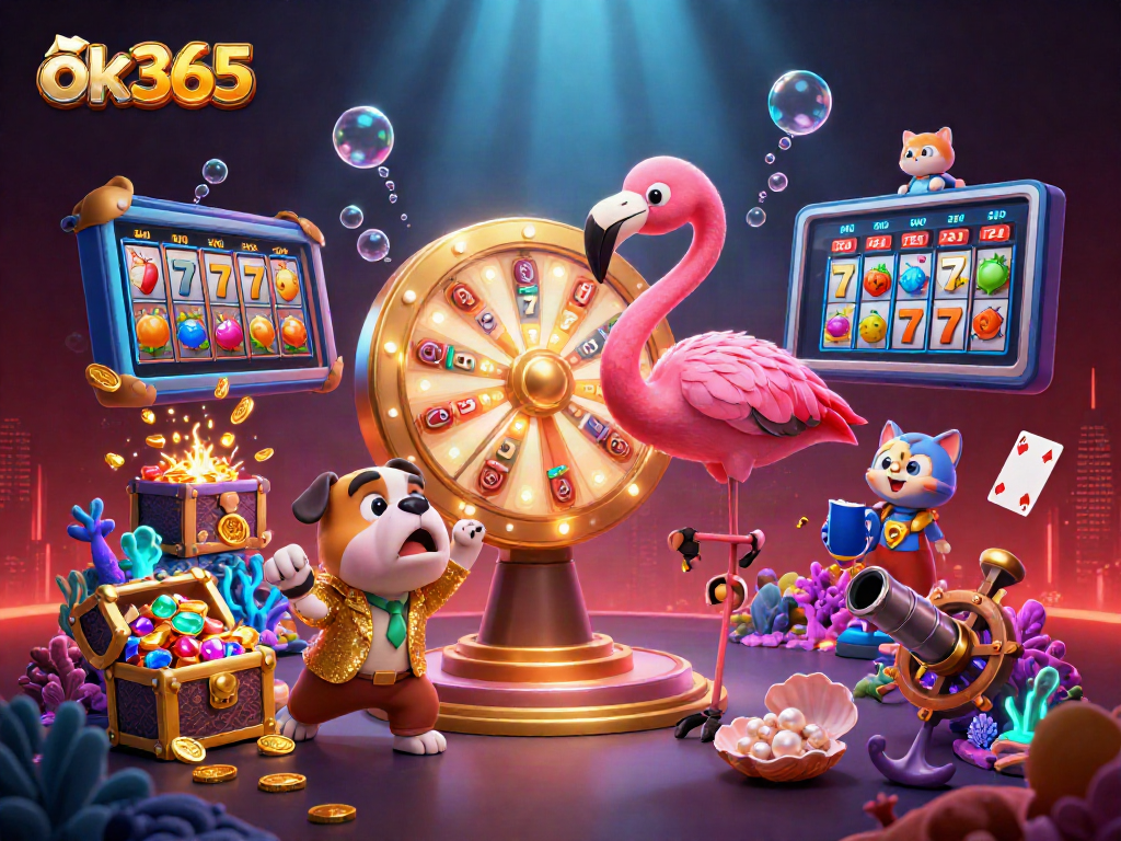 Experience the thrill of ok365 with vibrant slots, gold coins, and excited characters in a casino adventure.