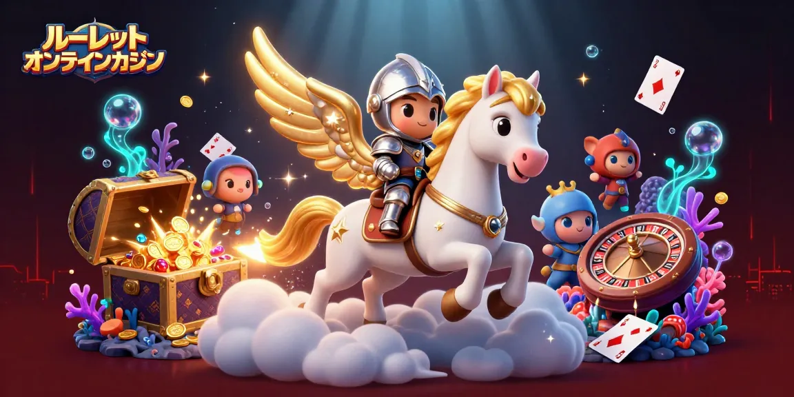 ルーレット オンラインカジノの3Dイラストで、金色の翼を持つ馬が雲の中を駆けるシーン。