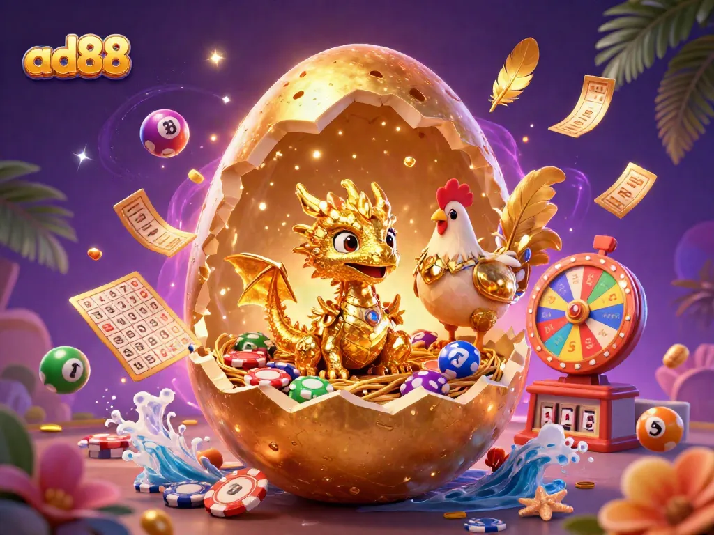 Experience exciting gameplay at ad88 with a golden dragon nestled in poker chips amidst dynamic casino elements.