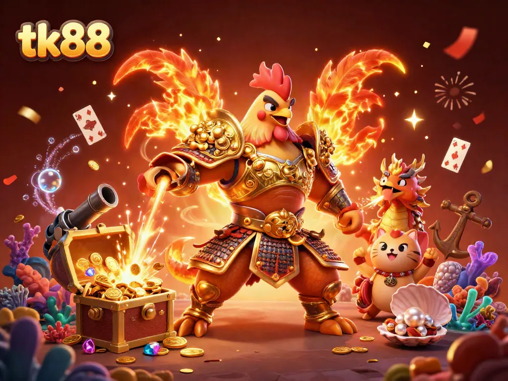 Experience the excitement of tk88 with a fierce warrior rooster and dragon in a casino-themed adventure, rich with vibrant elements.