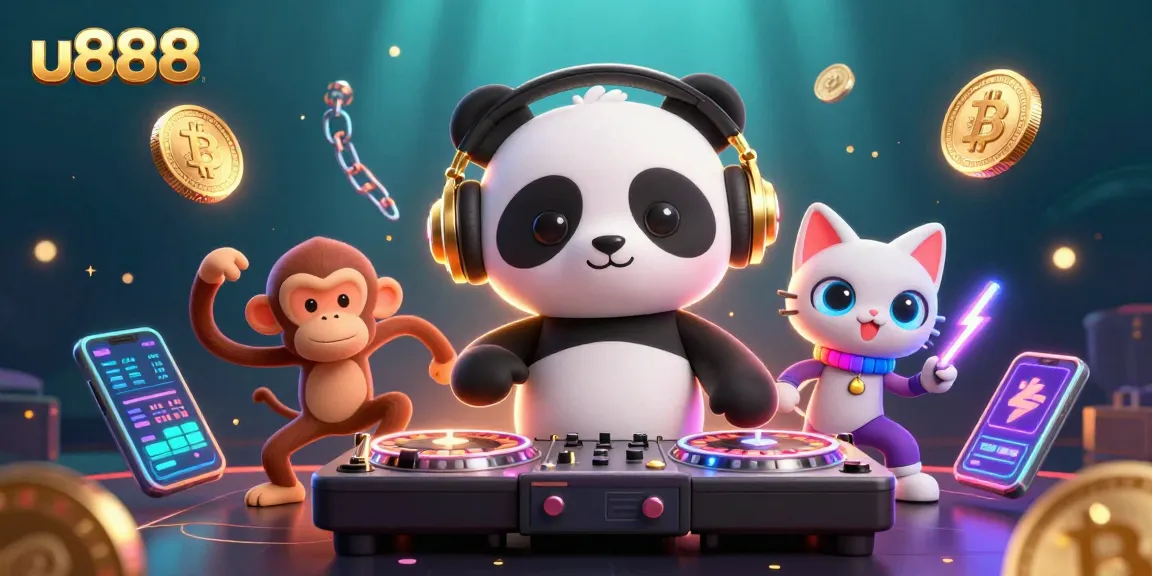 Engaging u888 scene featuring a DJ panda, dancing monkey, and kitten in a lively casino atmosphere